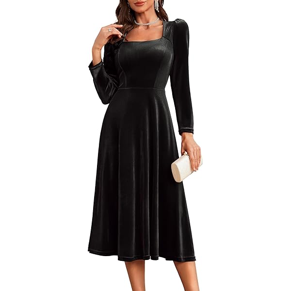 Amazon.com: Bbonlinedress Long Sleeve Velvet Vintage Tea Black Dress Formal  Cocktail Wedding Midi V-Neck Fit and Flare Dress Black S : Clothing, Shoes  & Jewelry