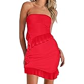CSDAJIO Women's Asymmetrical Ruffle Hem Strapless Tube Top and Skirt Matching Set Summer 2 Pieces Outfits