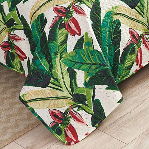 Tropical Rainforest Summer Quilt Set King Size Green Leaf Bedding Set Lightweight Reversible Botanical Flower Bedspread Coverlet with Sham Soft Breathable Bed Set, 1 Quilt and 2 Pillowshams