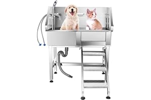 Globamboo 34 inch Dog Grooming Bathtub Station, Professional Stainless Steel Wash Shower Sink with Faucet Walk-in ramp and Accessories pet Grooming Bathtub Station(Right Door)