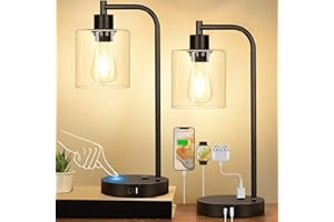 Set of 2 Industrial Touch Control Table Lamps with USB C+A Ports and AC Outlet - 3-Way Dimmable Black Bedside Lamps Nightstan