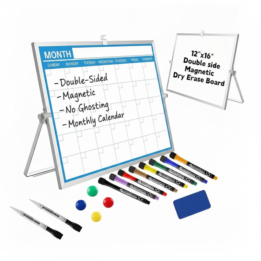 Photo 1 of ?Magnetic Desktop Whiteboard with Calendar 12x16 Inch, Double Sided Tabletop Whiteboard with 10 Premium Markers (for Small Grids), 15-Pc Portable Monthly Planner for Office & School