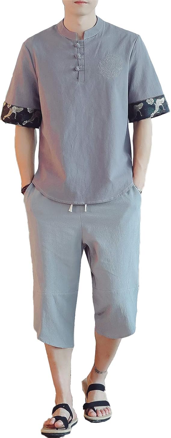 Amazon パジャマ 浴衣 上下セット Angelo セットアップ 二点セット メンズ 薄手 和風 中華風 夏 ｔシャツ ミディアムパンツ 7分丈パンツ 麻 綿麻 日常 刺繍 祭り 男性 部屋着 チノパン 半袖tシャツ M グレー Tシャツ カットソー 通販
