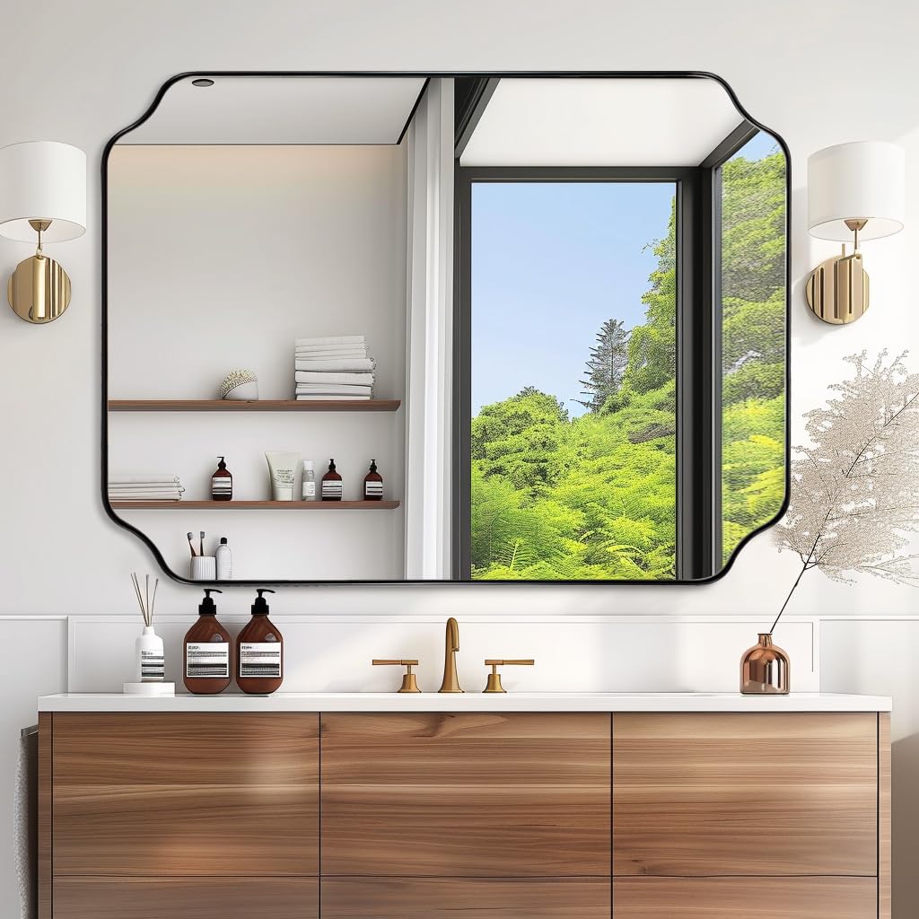 Photo 1 of ANDY STAR 36x48 Inch Large Mirror, Matte Black Rectangle Mirror for Wall, Bathroom Mirror in Premium Stainless Steel Metal Thin Frame Deep 1’’, Unique Rounded Scalloped Edge, Vertically/Horizontally