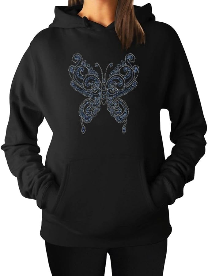 Women's Blue Butterfly Crystal Rhinestone Studs Hoodie Hooded Sweater X