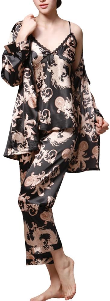 ZiXing Womens Pyjama 3 Piece Set Nightwear Satin Long Soft Sleepwear