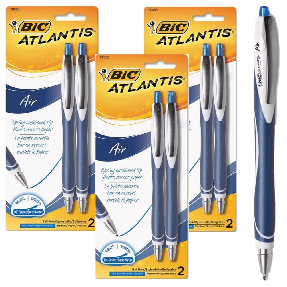 6 x Bic Atlantis Air Retractable Ballpoint Pens, Full Length Grip & Cushioned Spring Tip That Floats Across Paper for Ultra Smooth Writing! (Blue Ink)