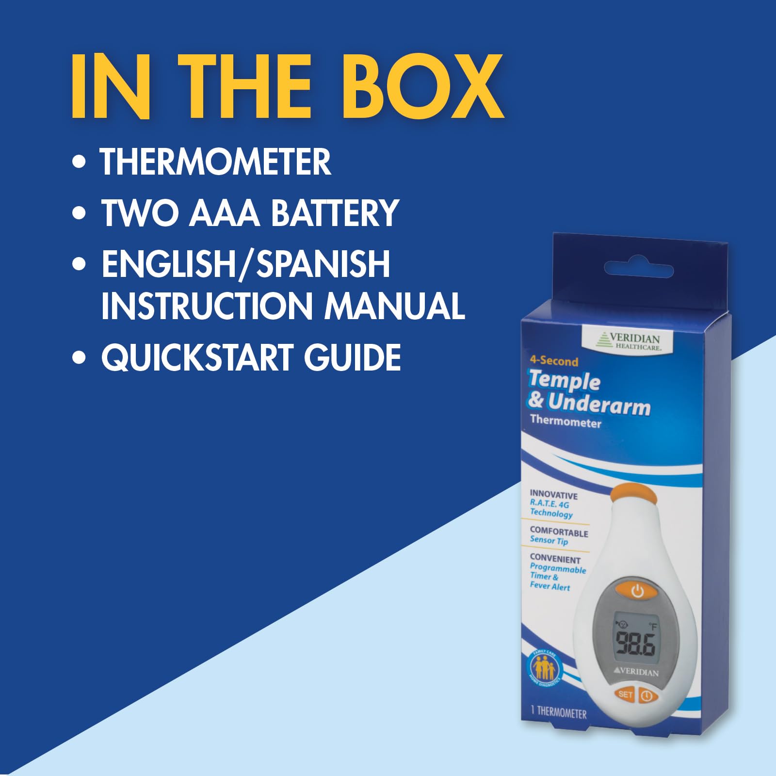 Veridian Healthcare Temple & Underarm Thermometer | Infrared Measurements | Fast 4-Second Readout | Fever Alert | Backlit Display | Programmable Timer | 1-Year Warranty