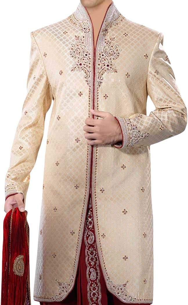 Mens Ivory 3 Pc Indo Western Suit Wedding Embroidered IN212