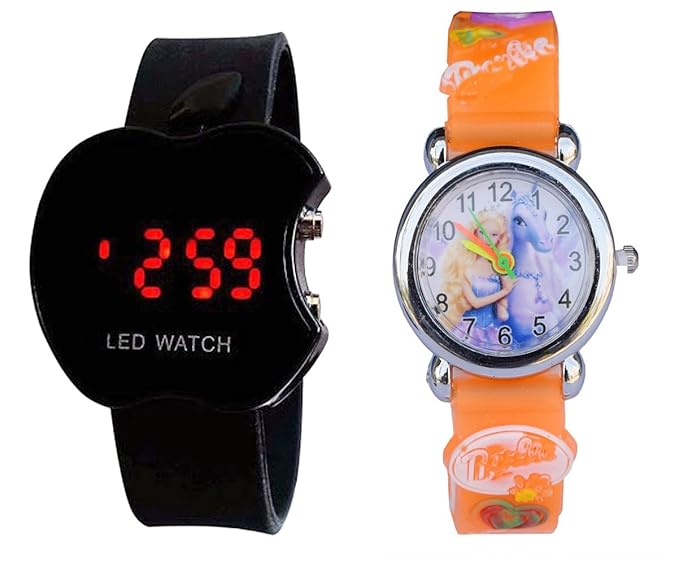 S S Traders_Barbie Orange Analog Watch and Black Apple Digital Watch for Kids-Good Gift for Kids