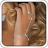 ACEDRE Rhinestone Ring Chain Bracelet Silver Sparkly Finger Hand Jewelry for Women