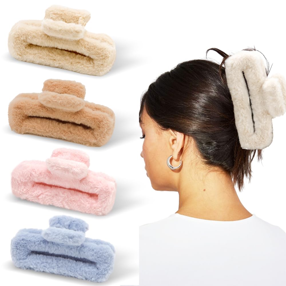 Photo 1 of ***ONLY ONE***Ahoney 5 Inch Fuzzy Hair Claw Clips Cute Soft Hair Clip for Thick Long Hair, Strong Hold Non-slip Jumbo Jaw Clips, Hair Accessories for Women (Warm)