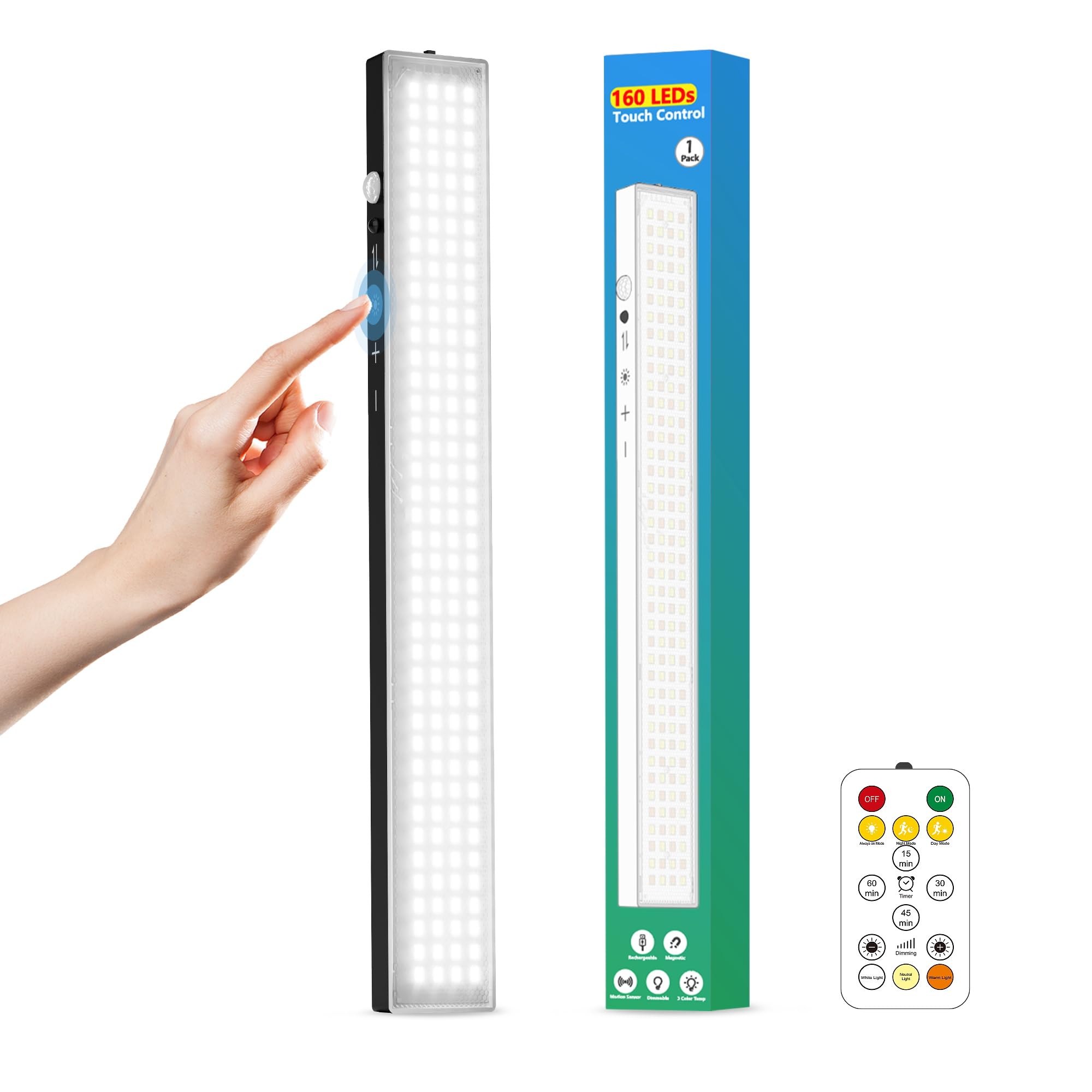 Photo 1 of 1Pack Touch Control Under Cabinet Lighting, 160LED Super Bright, 4000mAh Long-Lasting, Magnetic Rechargeable Motion Sensor Under Counter Lights for Kitchen, Closet, Remote, Dimmable, 3CC?Black