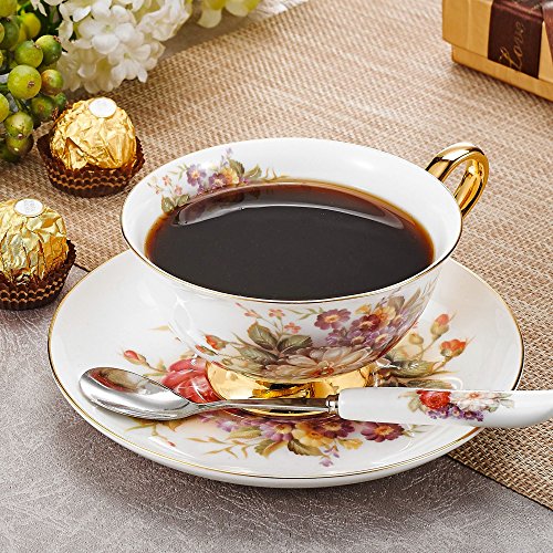 Panbado 3 Piece Bone China Tea Cup Saucer Set with Spoon Porcelain Gold Rimmed Teacup Coffee, Flower, 200ml, 6.8 oz., White/Golden