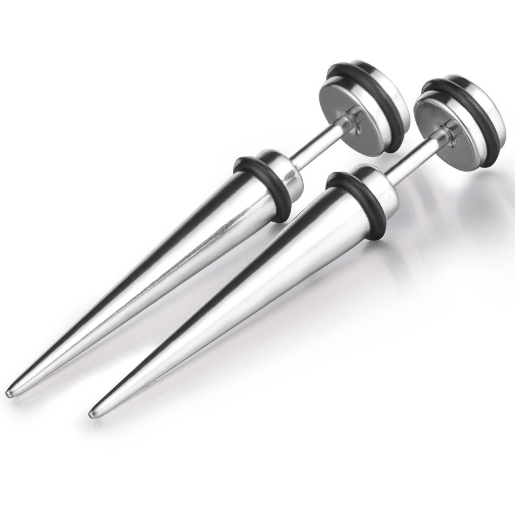Feilok 2pcs Ear Stretchers Stainless Steel Taper Spike Earrings Rhinestone Studs Cheater, Color Silver, One Pair