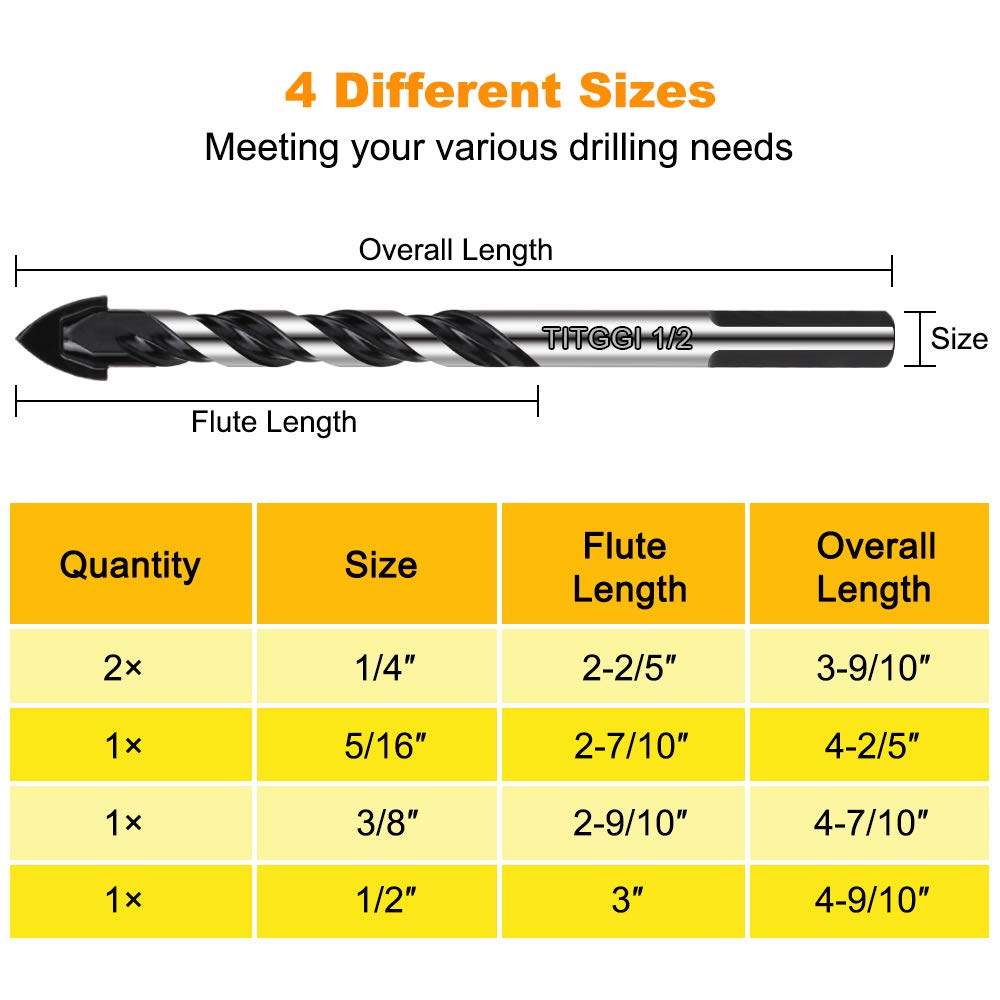 Concrete Drill Bit & Masonry Drill Bit Set, Professional Drill Bit Set (5PCS) for Glass/Brick/Plastic/Cement/Wood/Tile/Etc, Industrial Strength Carbide Drill Bit Tip, 1/4"-1/2" by TITGGI: Industrial & Scientific