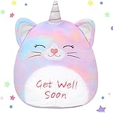 Easfan 13'' Get Well Soon Unicorn Cat Plush Pillow Soft Cute Stuffed Animal with Silver Horn Feel Better Gifts for Kids Patient Feel Better for Women