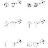 MJust 6 Pairs G23 Titanium Earrings for Women & Men, Hypoallergenic Flat Back Stud Earrings with Moon Star CZ Designs, Titanium Screw Back Cartilage Earrings Set for Sensitive Ears