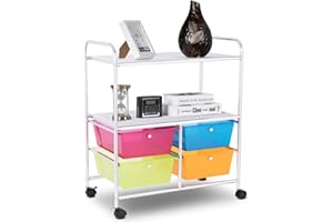 RELAX4LIFE Rolling Storage Cart with 4 Drawers, Utility Cart on Wheels w/2 Shelves & Metal Frame, Paper Scrapbook File Organizer for Home Office School Classroom, Movable Art Craft Cart (Color)