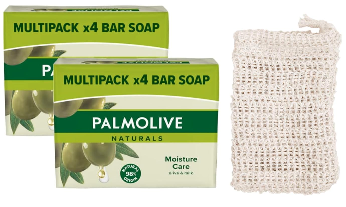 Natural Olive Milk Soap Bar for Body Hands and Face, Vegan, Biodegradable, Moisturizing, Skin Care, Eco-Friendly, Sustainable 8 Pack (8x90g) + Gift GG Soap Bar Saver Bag