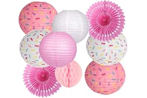 Donut Birthday Party Decorations, 9 Pieces Reusable Pink Round Donut Party Hanging Paper Lanterns, Supplies, Honeycomb Ball P