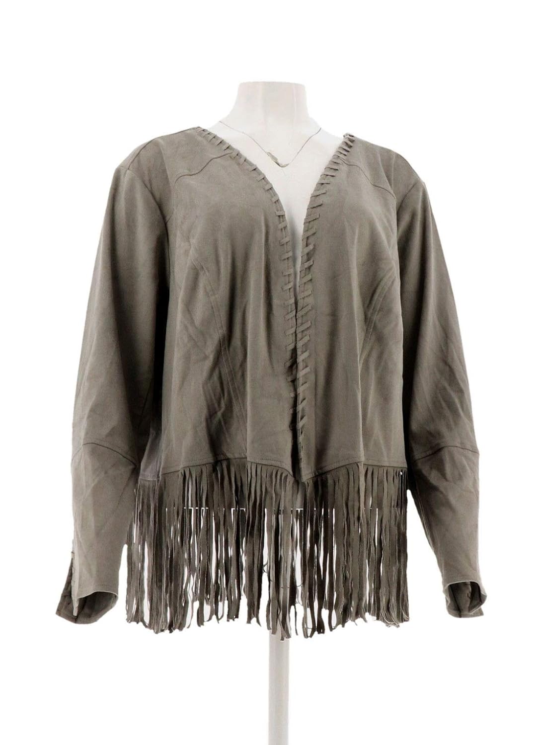 Bob Mackie Faux Suede Open Front Fringe Jacket Grey 2x New