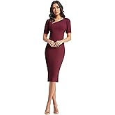 Dress the Population Womens Ruth Short Puff Sleeves Asymmetrical Neckline Bodycon Midi Dress