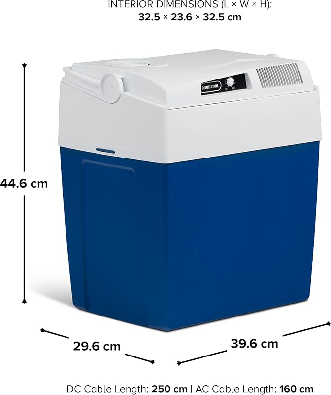 ME27 elektrische Kühlbox, 12V und 230V, 26L, blau - Mini-Kühlschrank für Auto, Camping, Urlaub, Boot, Festivals - leicht, tragbar, mit praktischem Kabelfach und Eco/Max Modus