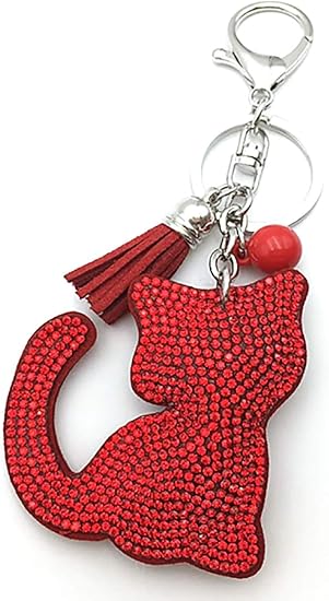Amazon Co Jp キーホルダー ねこ デザイン レディース バッグ チャーム キーチェーン キーリング アクセサリー クリスタル スウェード風 レザー 手作り かわいい おしゃれ 鈴のようなモチーフが付いていますが音はなりません レッド 服 ファッション小物