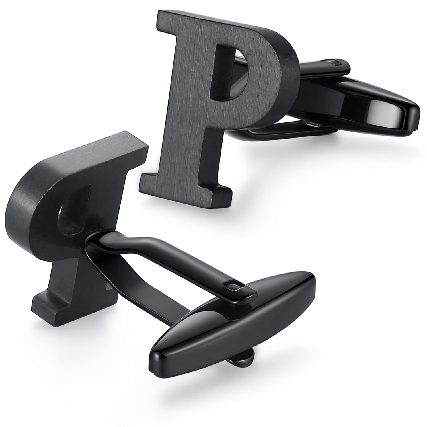 HONEY BEAR Mens Initial Alphabet Letter Cufflinks,Stainless Steel for Wedding Formal Business Gift (P-Black)