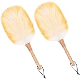 iHUFeather Lambswool Duster for Cleaning with Solid Wooden Handle Leather Hang Strap 14.9 inch Natural Feather Duster for Cleaning Ceiling Fans Window Blinds Computer Furniture(2 Pack)