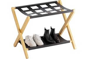 HITNET Luggage Rack, Folding Suitcase Stand for Guest Room, Bamboo Luggage Holder with Storage Shelf for Hotel Bedroom, Natural