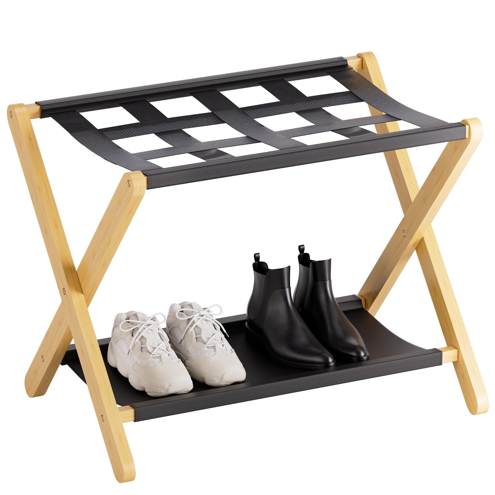 HITNET Luggage Rack, Foldable Suitcase Stand for Guest Room, Heavy-Duty Bamboo Luggage Holder with Storage Shelf for Hotel, Natural