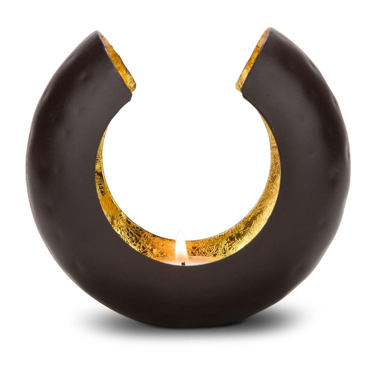 visuals Tealight Holder, Small Brown Matte Metal with Gold-Leaf Lining, 11 x 6.5 x 12 cm