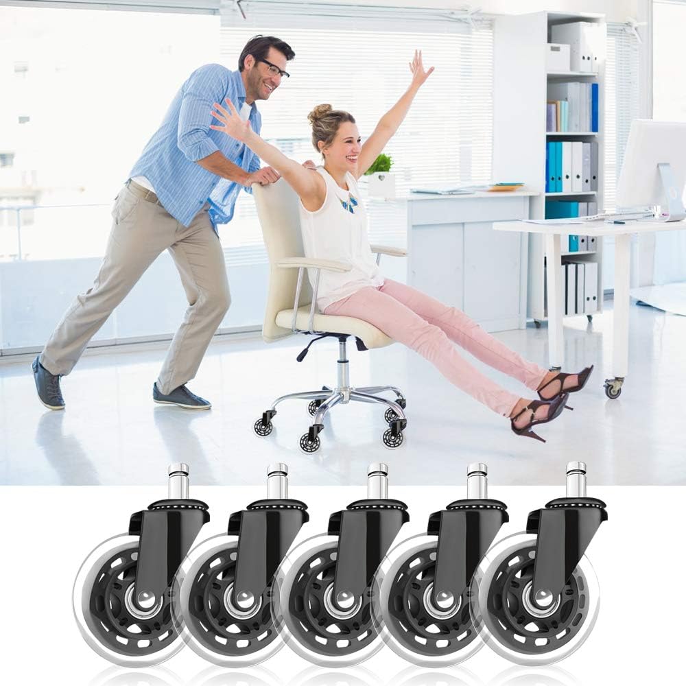 Growsland Office Chair Wheels Replacement (Set of 5) Rubber Caster Wheel Heavy Duty 3" Chair Casters for Hardwood Floors & Carpet Universal Fit 7/16" x 7/8" : Office Products