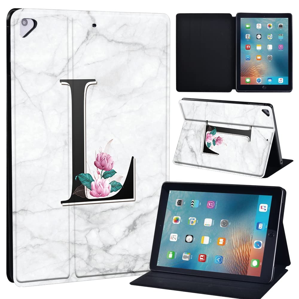 Initial Letter Leather slim lightweight Stand Cover Case for Apple New iPad 9.7 2018 2017(6th Gen, 5th Gen)/iPad Air 2/iPad Air/iPad Pro 9.7 Tablet with Auto Wake/Sleep (whitemarbleL)