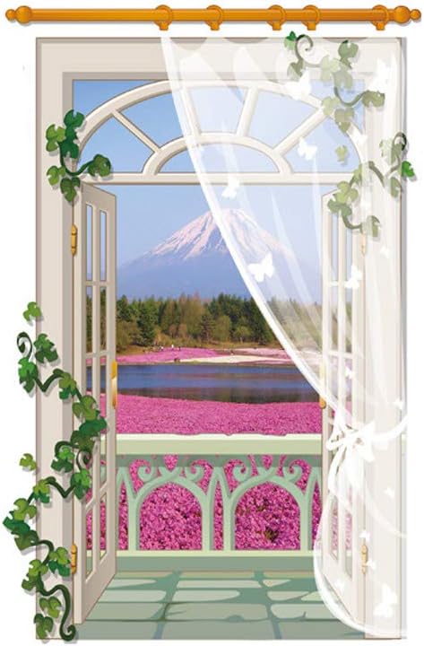 Vertical Version Window View with Curtain Vinyl Wall Sticker - Flower
