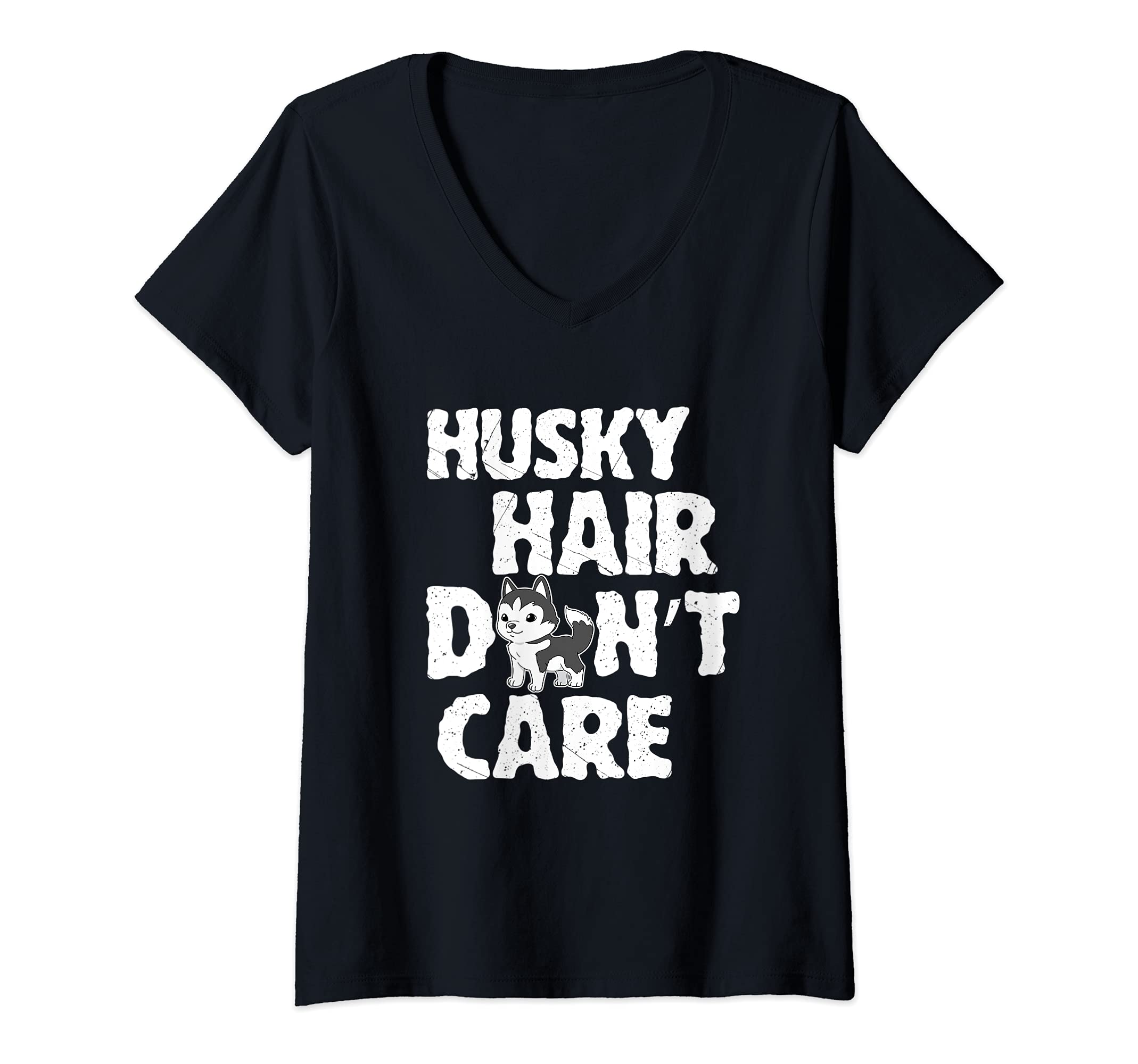 Womens Siberian Husky Hair Don't Care Dog V-Neck T-Shirt