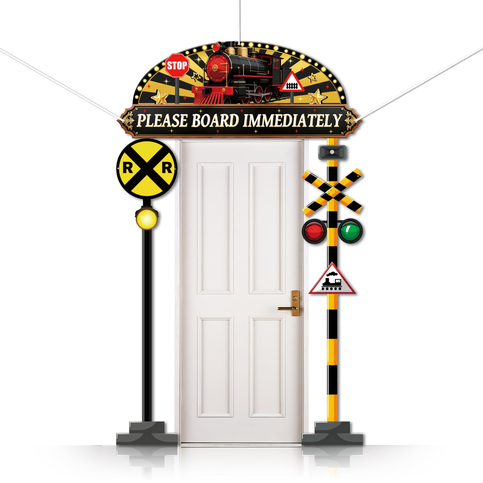 CUTHOLLOW 3PCS Please Board Immediately Porch Sign Banner, Vintage Train Road Signs Pattern Party Decorations Hanging Welcome Door Banner for Photo Backdrop Birthday Party Supplies