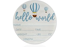CLHHM Hello World Birth Announcement 6" Round Birch Wood Newborn Sign for Nursery Hospital & Baby Shower, Personalized Baby Name Plaque, Keepsake Décor Gift for New Parents (Blue Hot Air Balloon)