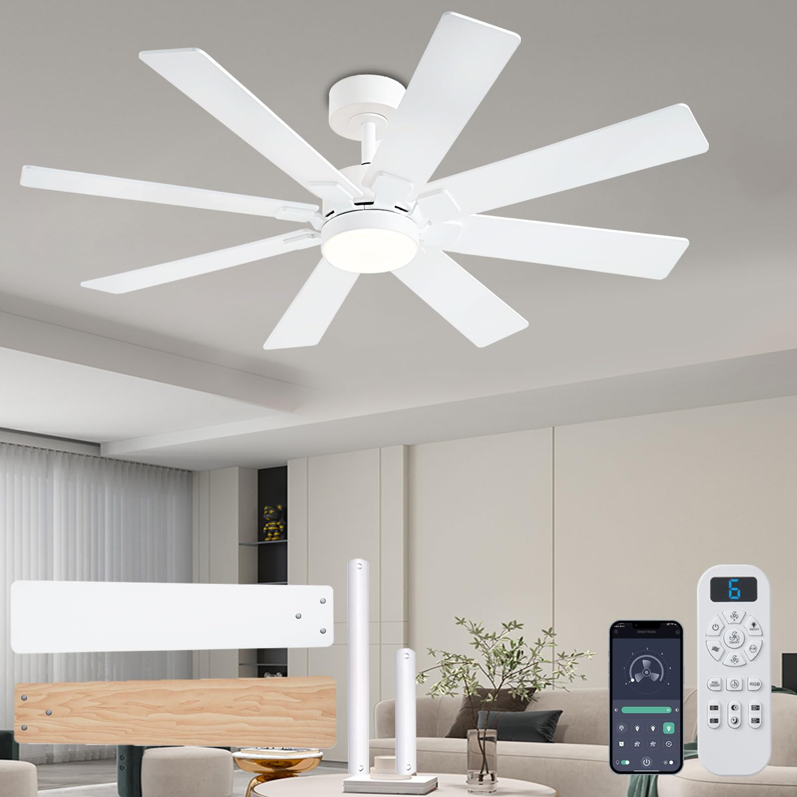Photo 1 of KNUN 48 Inch White Ceiling Fans with Lights and Remote/APP Control, Low Profile Ceiling Fan, 8 Blades?LED Dimmable, Reversible DC Motor, Noiseless Ceiling Fans for Bedroom Indoor/Outdoor Use