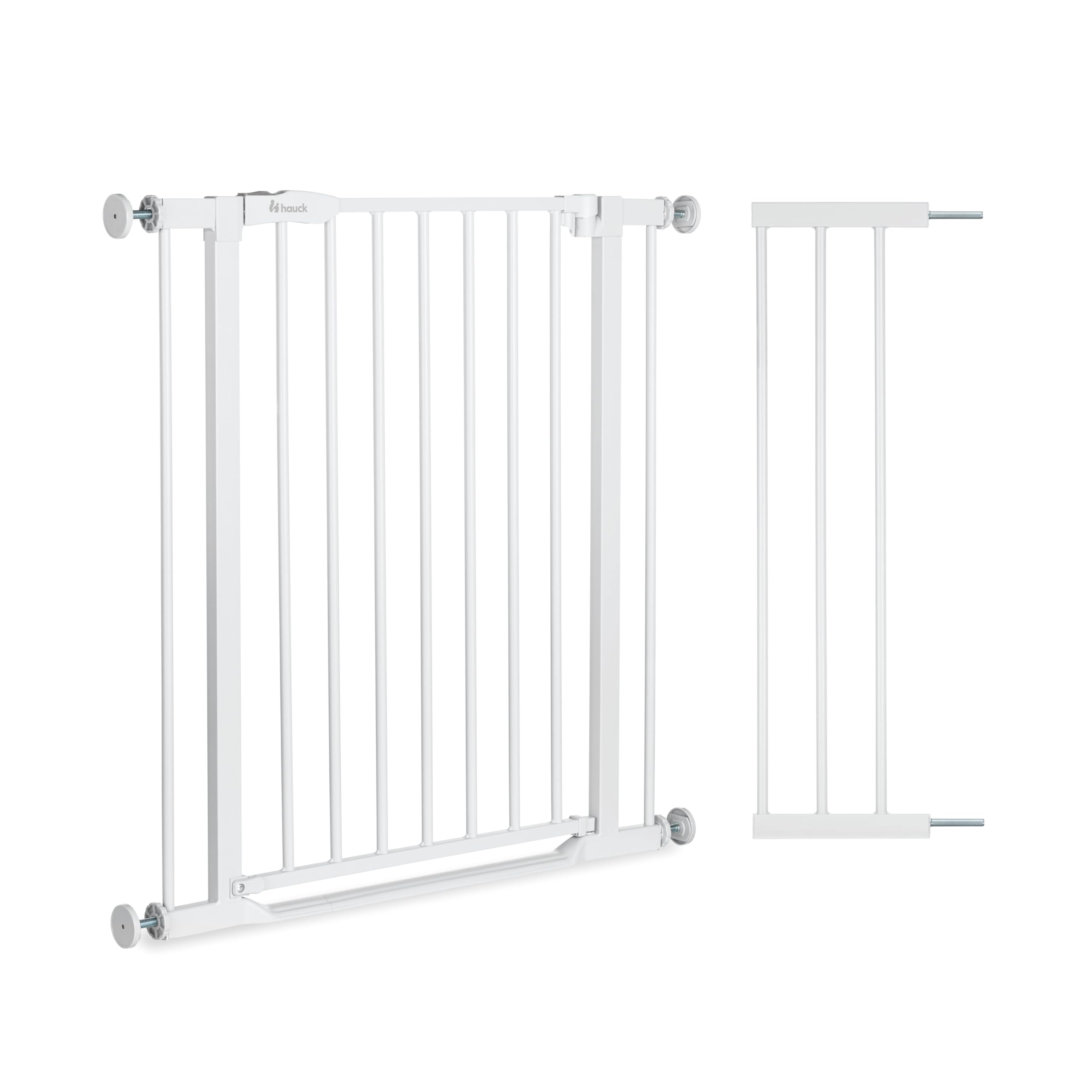 hauck Clear Step 2 + Estensione da 21 cm, Bianco - Cancelletto per Bambini Cani, Larghezza Regolabile da 96 a 101 cm, Alto 77 cm, Base Piatta, Apribile con una Mano in Entrambe Direzioni, per Interno