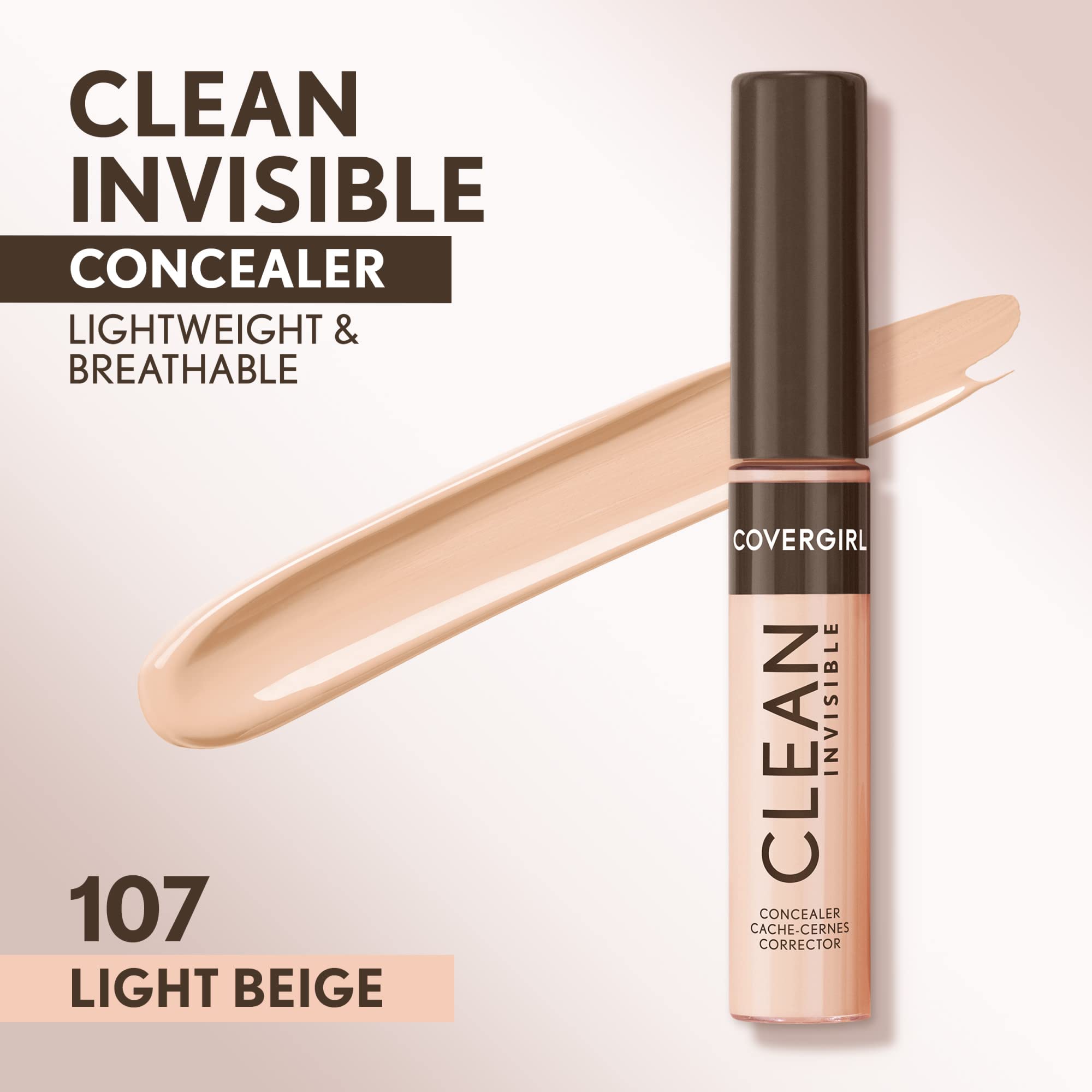 COVERGIRL Clean Invisible Concealer, Lightweight, Hydrating, Vegan Formula, Light Beige 107, 0.23oz