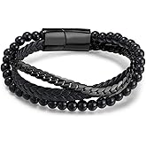 CEBIANO Mens Braided Leather Bracelet Bangle Black Beaded Multi-Layer Stainless Steel Chain Bracelet Jewelry 8.26"