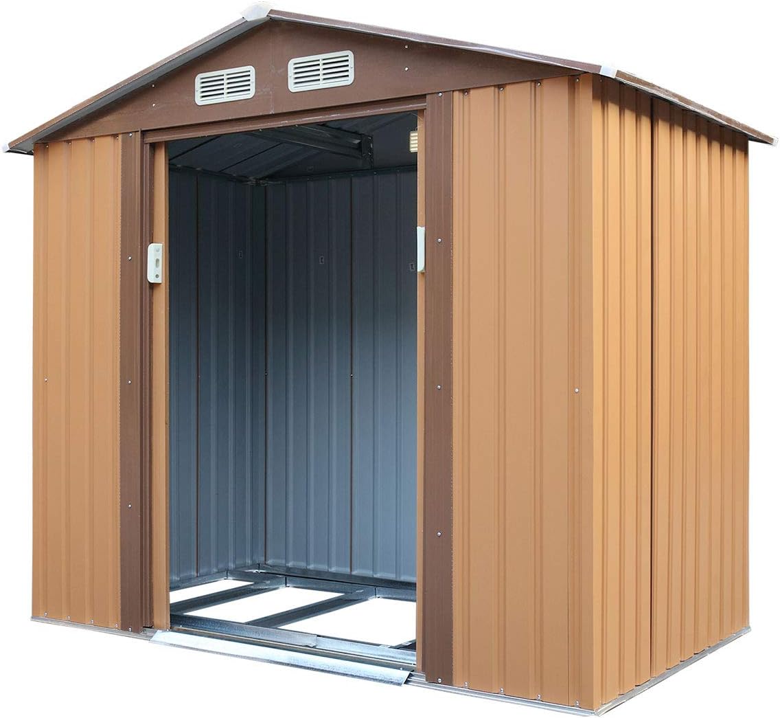 JAXSUNNY 4.2' x 7' Backyard Garden Metal Warehouse Outdoor Storage Shed Rural Style for Utility Tool&Patio Furniture Storage,Gable Roof, Lockable Sliding Door, Coffee
