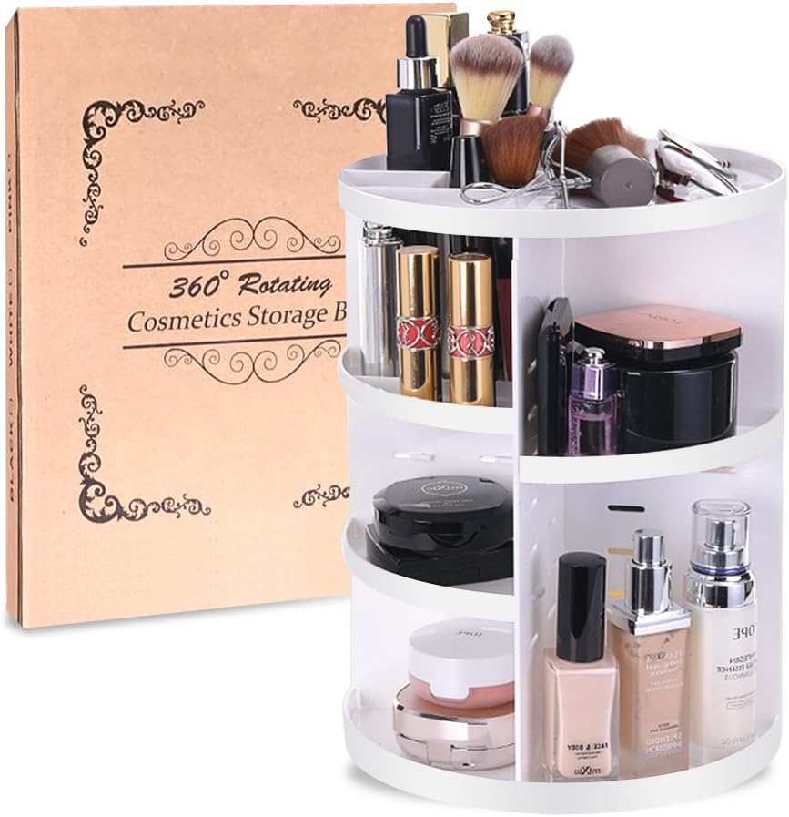 Makeup Organizer Cosmetic Storage Case 360 Degree Rotating Detachable Makeup Brush Holder Large Capacity Makeup Caddy Shelf Acrylic Beauty Organizer Box for Toiletry Jewelry Essential oil (White)