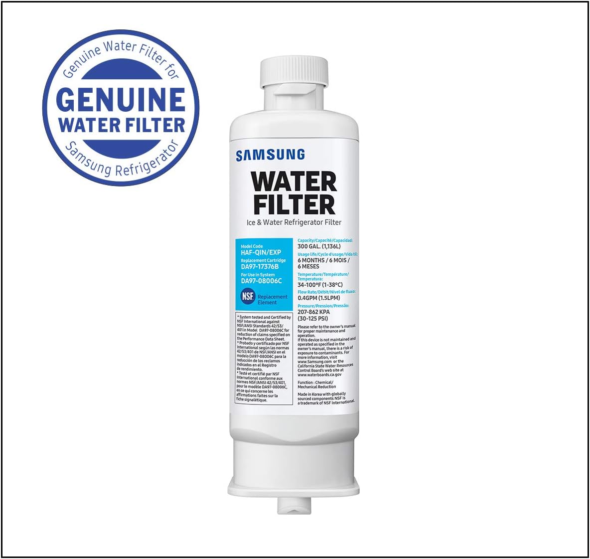 Samsung Genuine DA97-17376B Refrigerator Water Filter, 1-Pack (HAF-QIN/EXP) (Packaging May Vary): Home Improvement