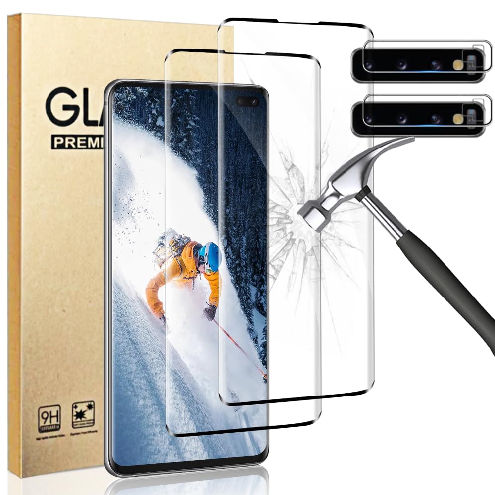 Photo 1 of (2+2 Pack) Galaxy S10 Plus Screen Protector With Camera Lens Protector, Full Clarity Coverage, 9H Tempered Glass, Ultrasonic Fingerprint Support, Anti Bubble, for Samsung Galaxy S10 Plus (6.4 Inch)