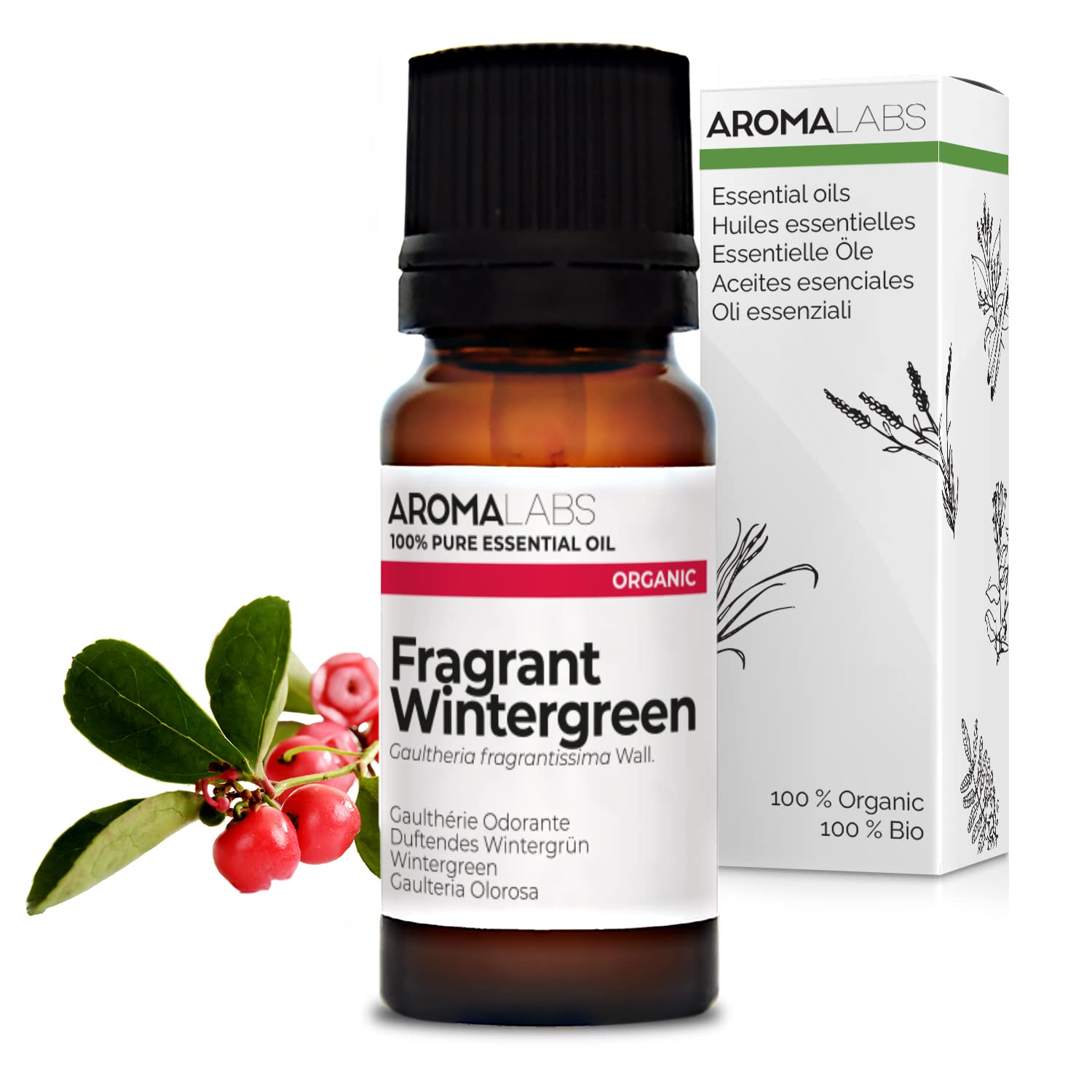 BIO - Fragrant Wintergreen Essential Oil - 10mL - 100% Pure, Natural, Chemotyped and AB/Cosmos Certified - AROMA LABS (French Brand)
