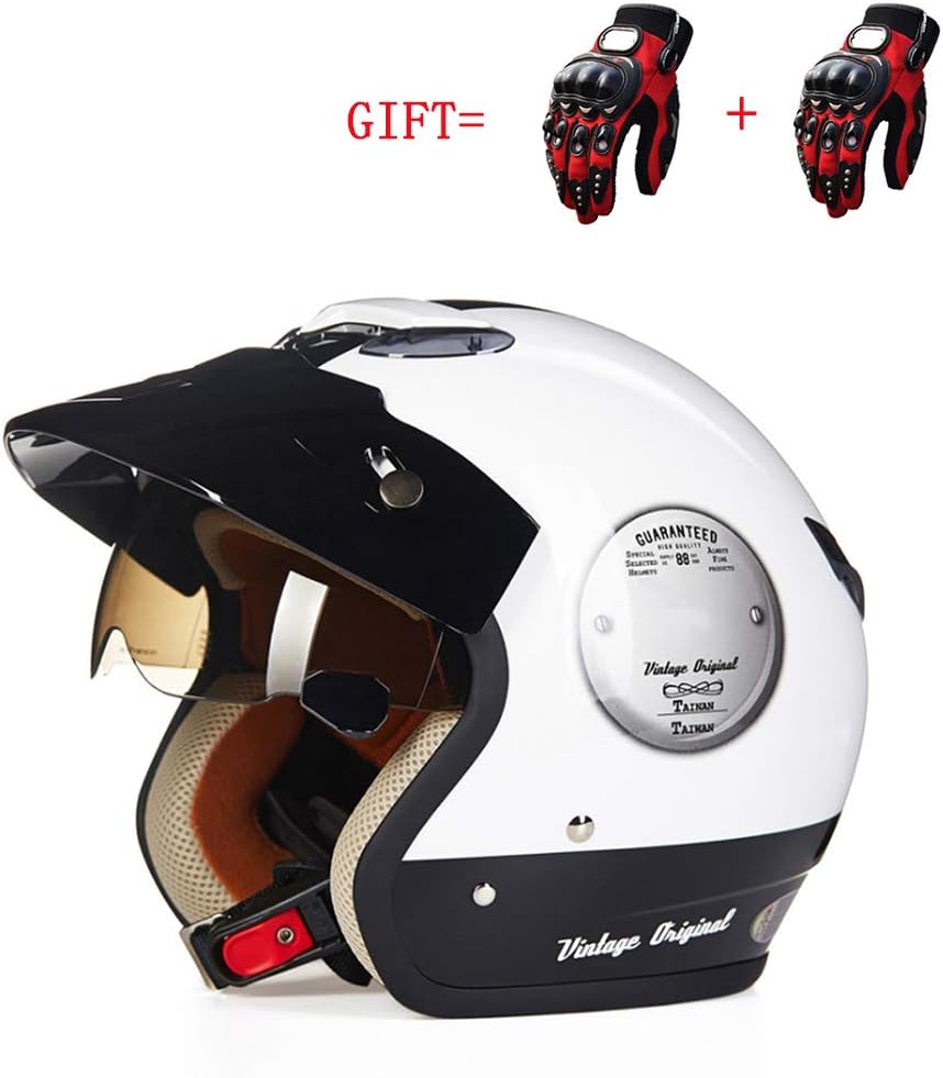 Bicycle Motorcycle Helmet, DOT Certification/Vintage Harley Half Helmet & Protective Gloves (White),L